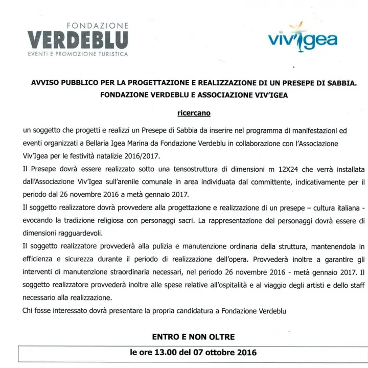 Avviso pubblico per la progettazione e realizzazione di un Presepe di Sabbia