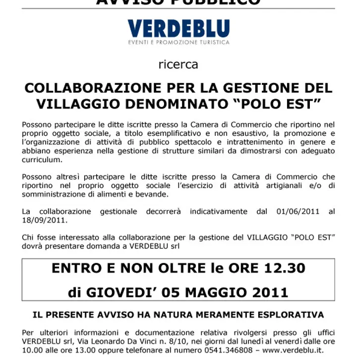 AVVISO PUBBLICO GESTIONE VILLAGGIO POLO EST