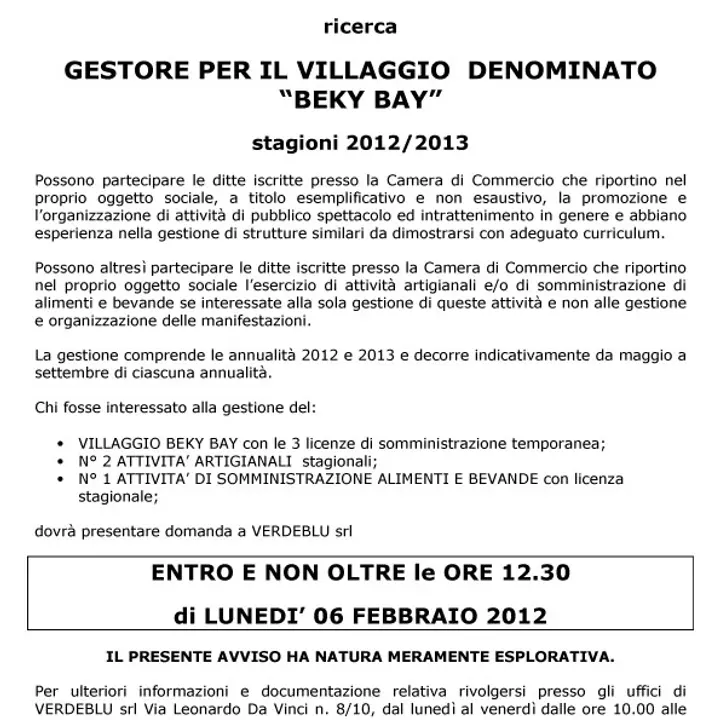 AVVISO PUBBLICO GESTIONE VILLAGGIO BEKY BAY 2012-2013