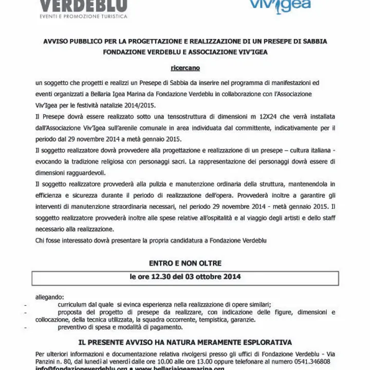 AVVISO PUBBLICO PER LA REALIZZAZIONE DI UN PRESEPE DI SABBIA A BELLARIA IGEA MARINA